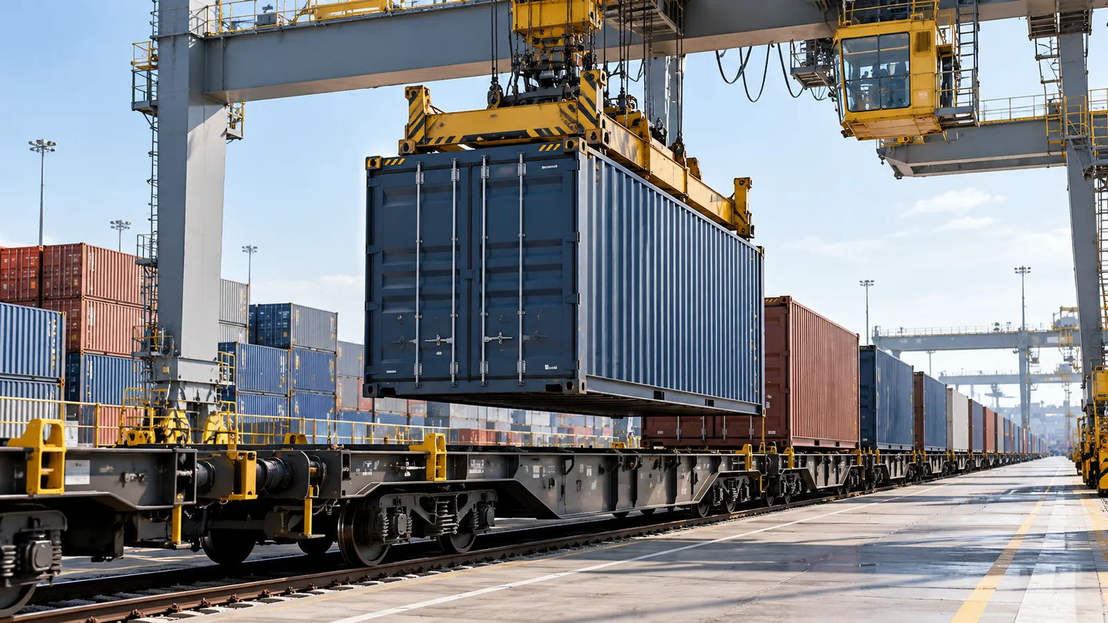 Suwnica przeładowuje kontener na wagon w terminalu intermodalnym